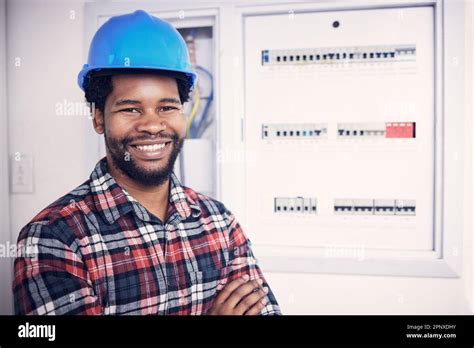 Black man in portrait, technician and electricity fuse 